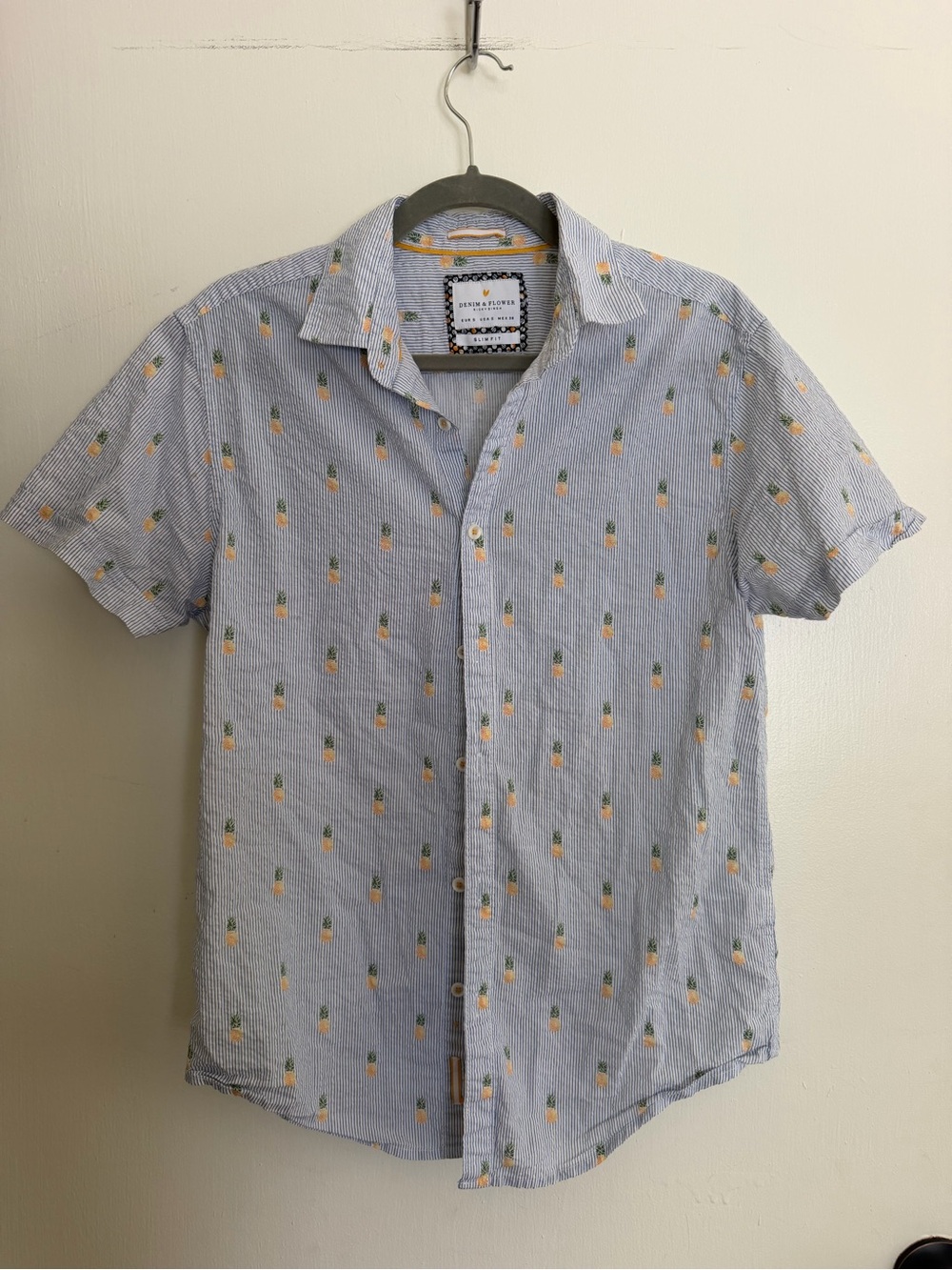 Denim & Flower Blue Pinstripe Short Sleeve Pineapple Print Shirt